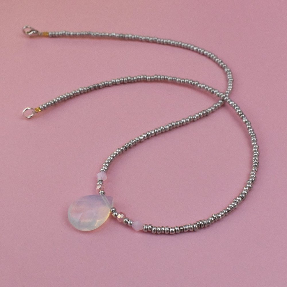 Opalite moonstone teardrop necklace, unique accent gemstone crystal drop jewelry